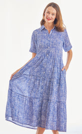Dizzy-Lizzie Palm Desert long dress in navy and white cotton voile with criss-cross little box patterns, full-length style.