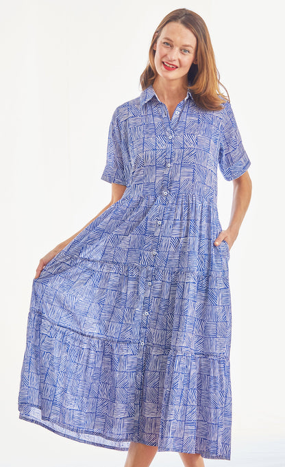 Dizzy-Lizzie Palm Desert long dress in navy and white cotton voile with crisscross pattern and little box design.