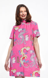 Dizzy-Lizzie Savannah Dress with pink print, sleeveless style, lightweight fabric, and fitted waist for a casual summer look.