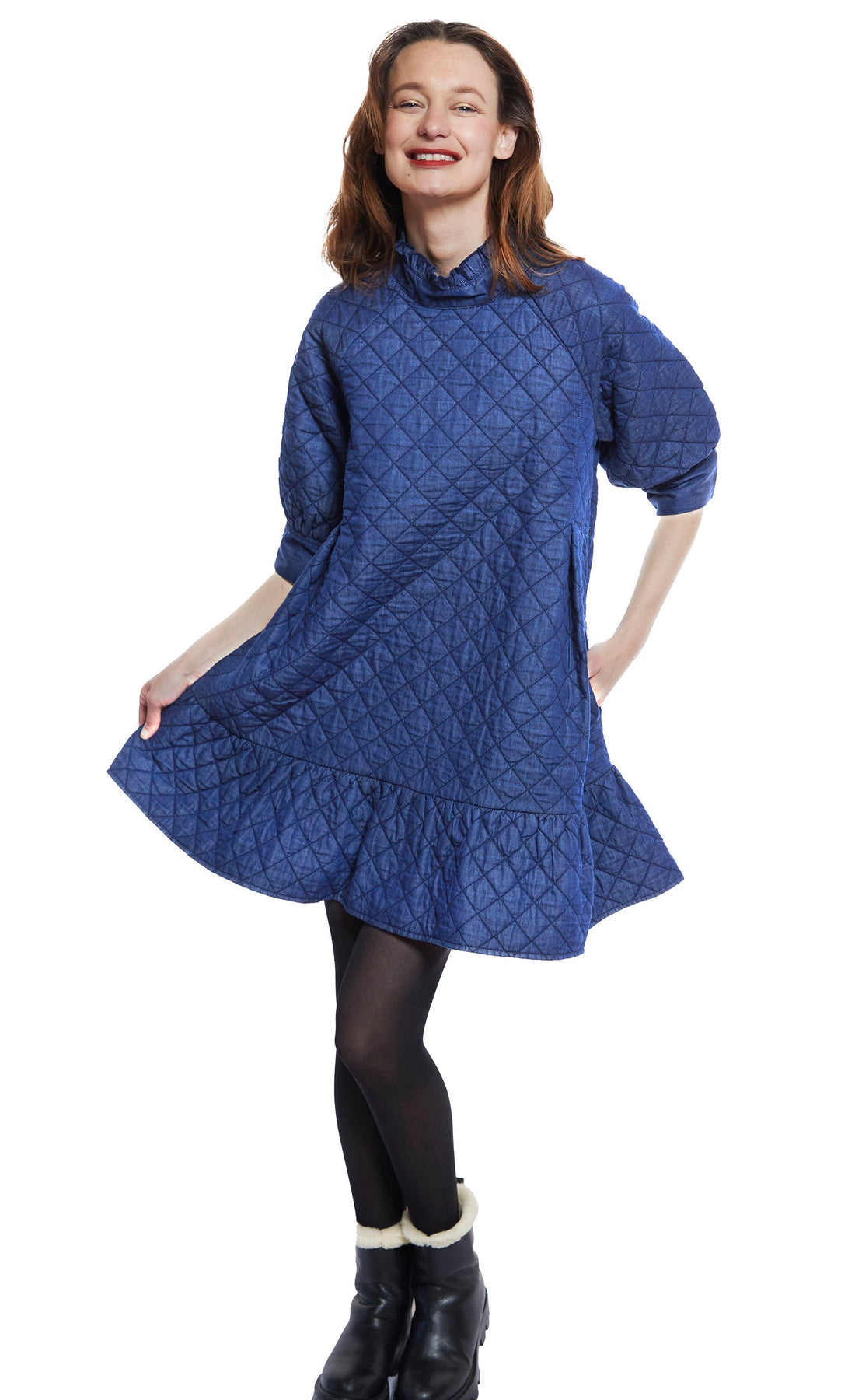 Dizzy-Lizzie St. Tropez soft quilted denim dress with oversized silhouette, featuring a relaxed fit and textured fabric.