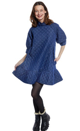 Dizzy-Lizzie St. Tropez oversized quilted denim dress in a soft, relaxed silhouette, shown with a close-up of the textured fabric.