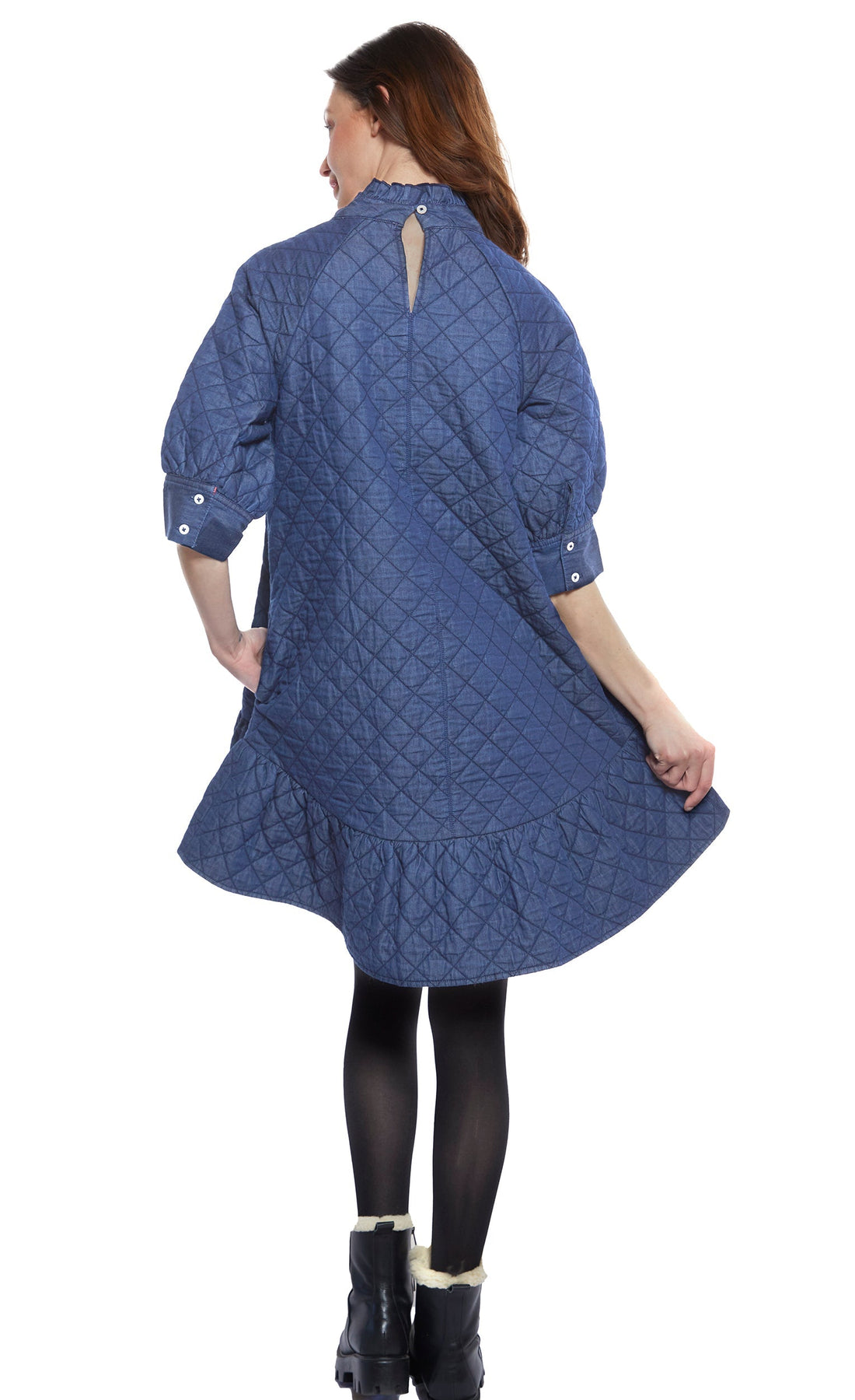 Dizzy-Lizzie St. Tropez Softly Quilted Denim Dress in oversized silhouette, showing quilted fabric and relaxed fit.