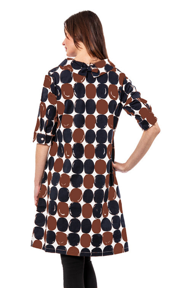 Dizzy-Lizzie Audrey Retro Dress in chocolate and black dot pattern, featuring vintage style with a fitted bodice and flared skirt.