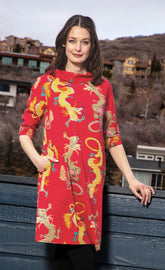Red Audrey Retro Dress by Dizzy-Lizzie featuring a bold dragon pattern and vintage-inspired design.