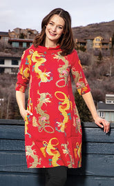 Red Audrey Retro Dress by Dizzy-Lizzie featuring dragon patterns, fitted style, and vintage-inspired design.