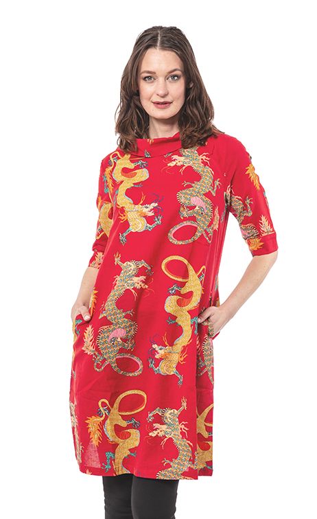 Red Audrey Retro Dress by Dizzy-Lizzie featuring dragon patterns, fitted style, and vintage-inspired design.