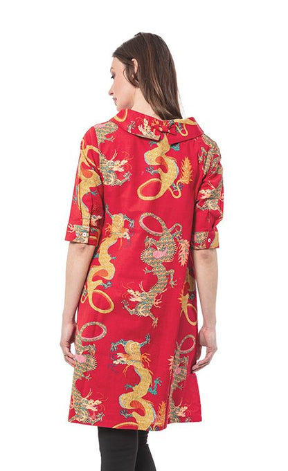 Red Audrey Retro Dress by Dizzy-Lizzie featuring dragon patterns, vintage-inspired design, and a fitted silhouette.