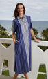 Dizzy-Lizzie Breakers Dress with long navy and white stripes, lightweight fabric, and a relaxed fit perfect for casual wear.