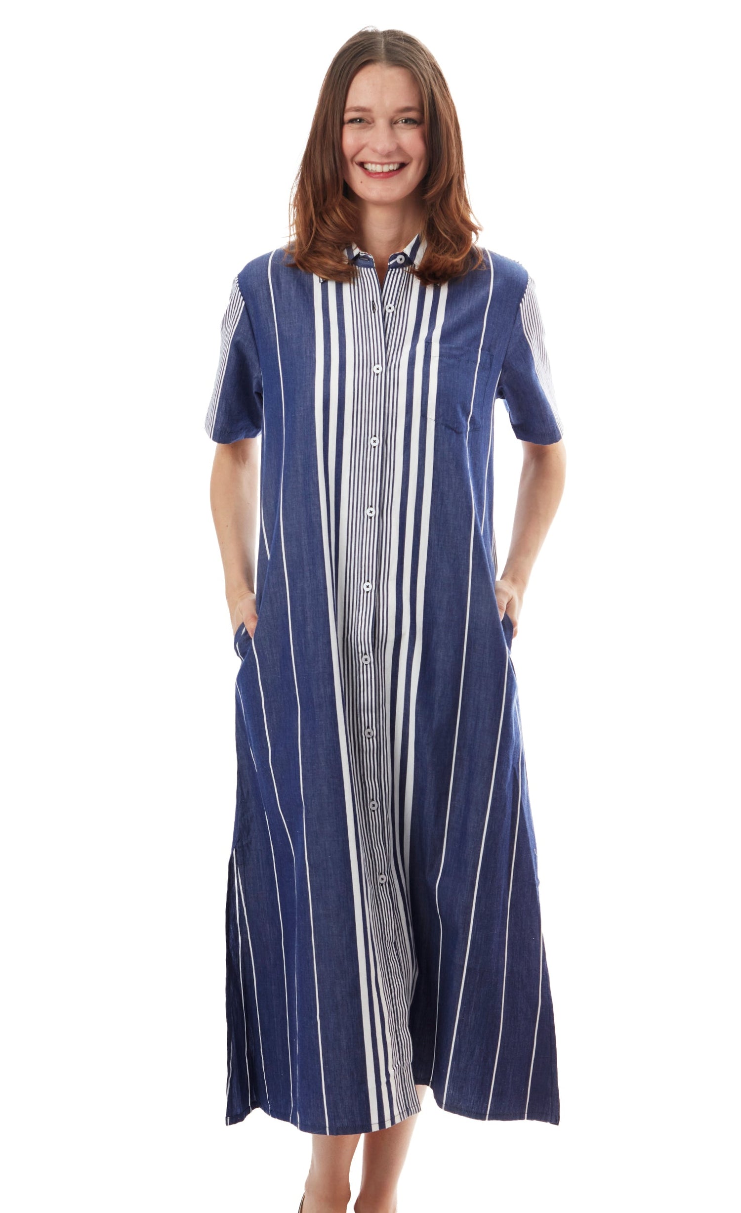 Navy and white striped long dress by Dizzy-Lizzie featuring a stylish, flowing design and a comfortable fit.