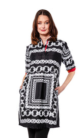 Dizzy-Lizzie Chatham black denim dress with white link pattern, XS size, showcasing a stylish, fitted design with long sleeves.