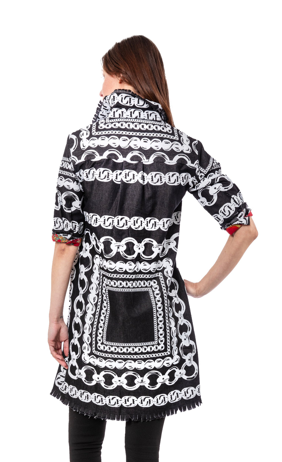 Dizzy-Lizzie Chatham black denim dress with white link pattern, casual sleeveless dress, XS size, stylish and comfortable.