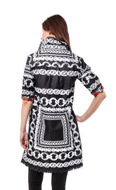 Dizzy-Lizzie Chatham black denim dress with white link pattern, casual sleeveless dress, XS size, stylish and comfortable.