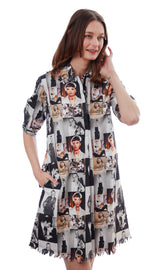 Dizzy-Lizzie Chatham Dress in Audrey print, lightweight fabric, sleeveless design, and fitted waist, shown on a model.