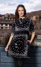 Dizzy-Lizzie Chatham black bandana print dress featuring a stylish, casual design with a fitted bodice and flowing skirt.