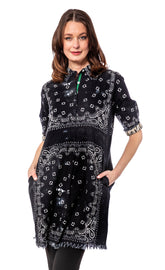 Dizzy-Lizzie Chatham Dress in black bandana print, XS size, featuring a stylish casual dress with a relaxed fit and boho vibe.