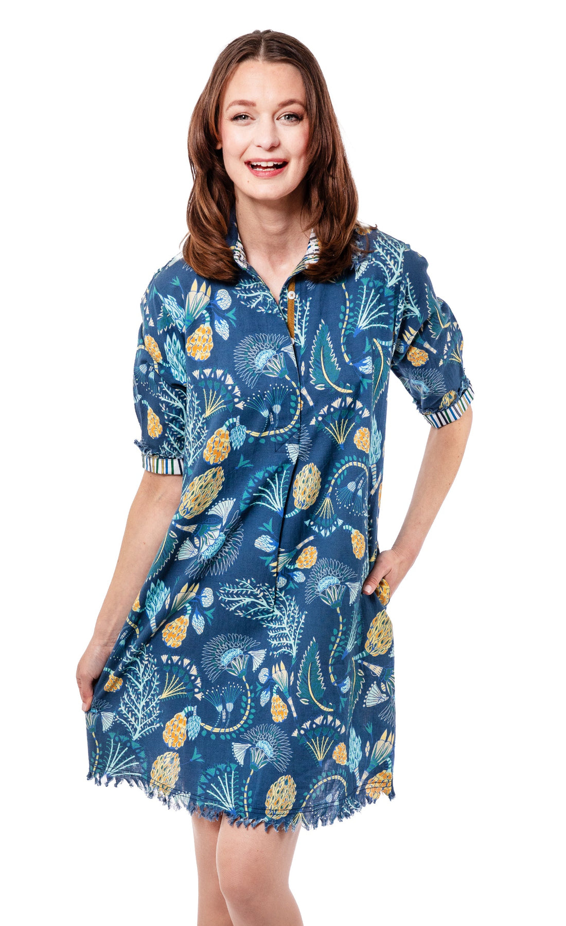 Blue Chatham Dress by Dizzy-Lizzie featuring an underwater print, shown on a model with a relaxed fit and stylish design.