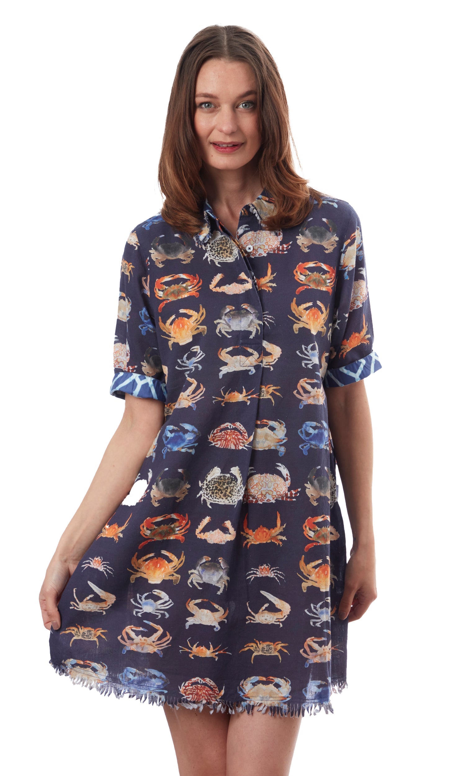 Dizzy-Lizzie Chatham Dress with crab print, sleeveless summer dress featuring vibrant seaside-inspired design and lightweight fabric.