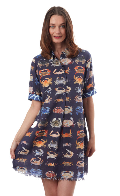 Dizzy-Lizzie Chatham Dress with crab print, sleeveless summer dress featuring vibrant seaside-inspired design and lightweight fabric.