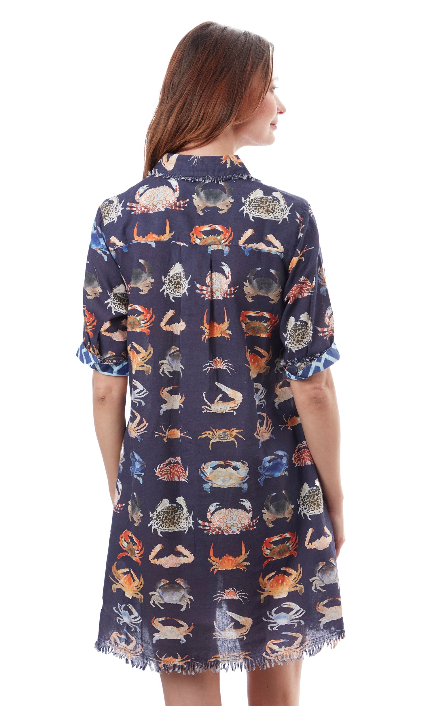 Dizzy-Lizzie Chatham Dress with crab print, sleeveless summer dress featuring vibrant marine-themed pattern and lightweight fabric.