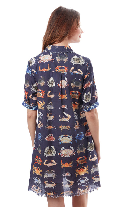 Dizzy-Lizzie Chatham Dress with crab print, sleeveless summer dress featuring vibrant marine-themed pattern and lightweight fabric.