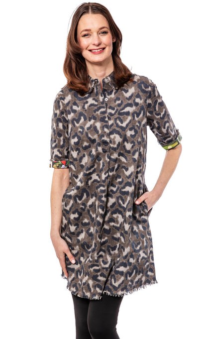 Dizzy-Lizzie Chatham Dress in leopard camo print, sleeveless style with a fitted bodice and flowy skirt, perfect for casual wear.