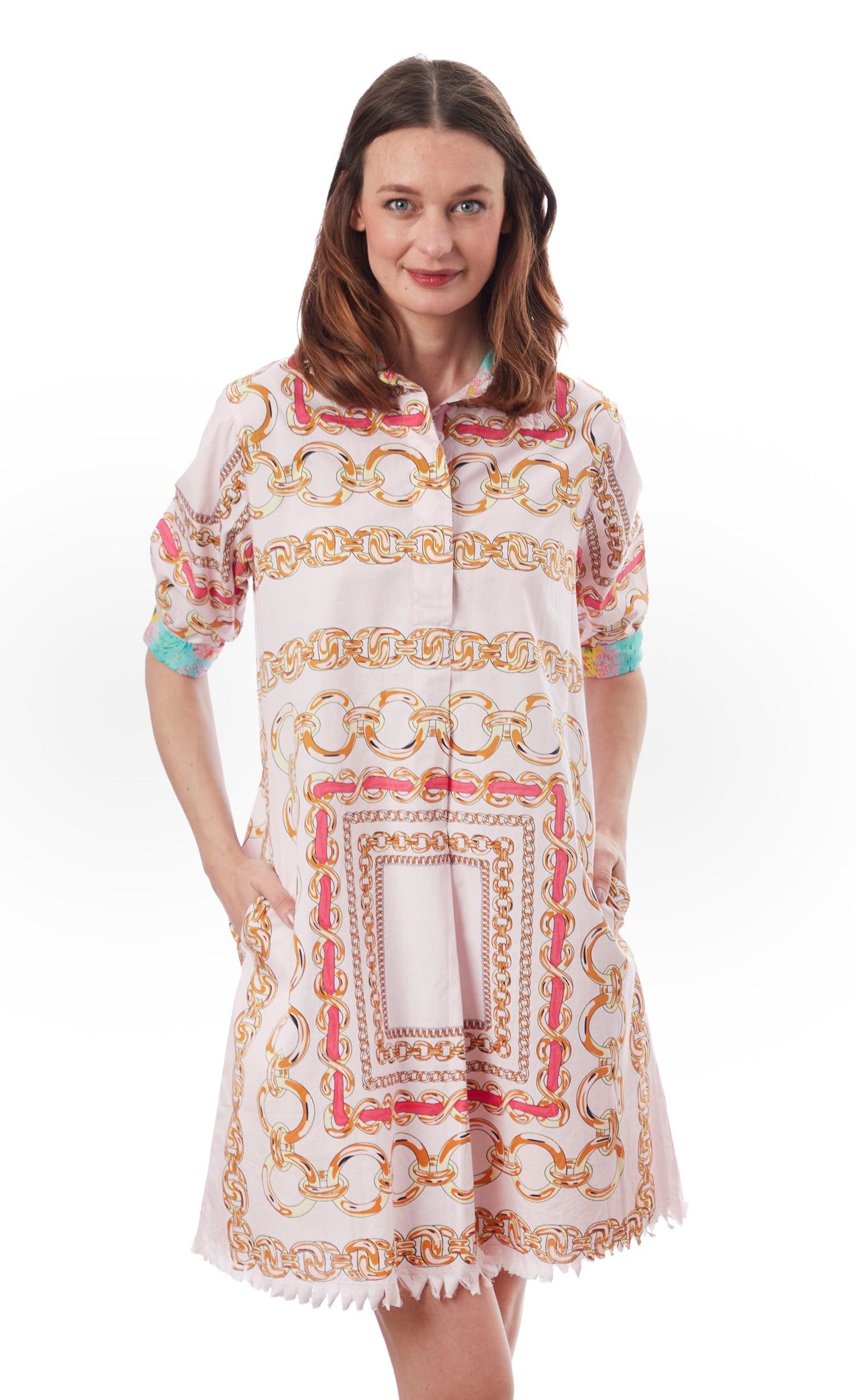 Dizzy-Lizzie Chatham Dress in pink with links print, stylish sleeveless dress for casual or summer wear.