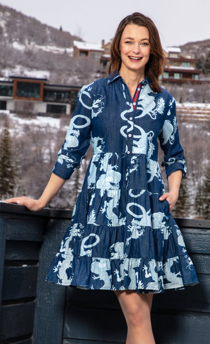 Dizzy-Lizzie Delray Dress in denim with dragon print, stylish casual dress for women, shown on a mannequin.