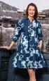 Dizzy-Lizzie Delray Dress in denim with dragon print, stylish casual dress for women, shown on a mannequin.