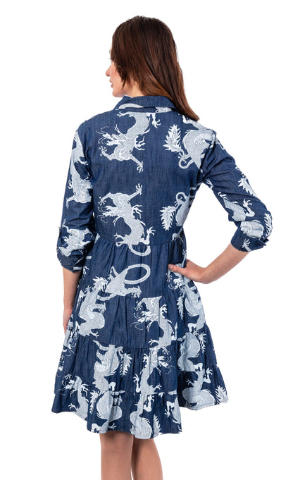 Dizzy-Lizzie Delray Dress Denim Dragon featuring a stylish denim dress with a dragon print, perfect for casual wear.