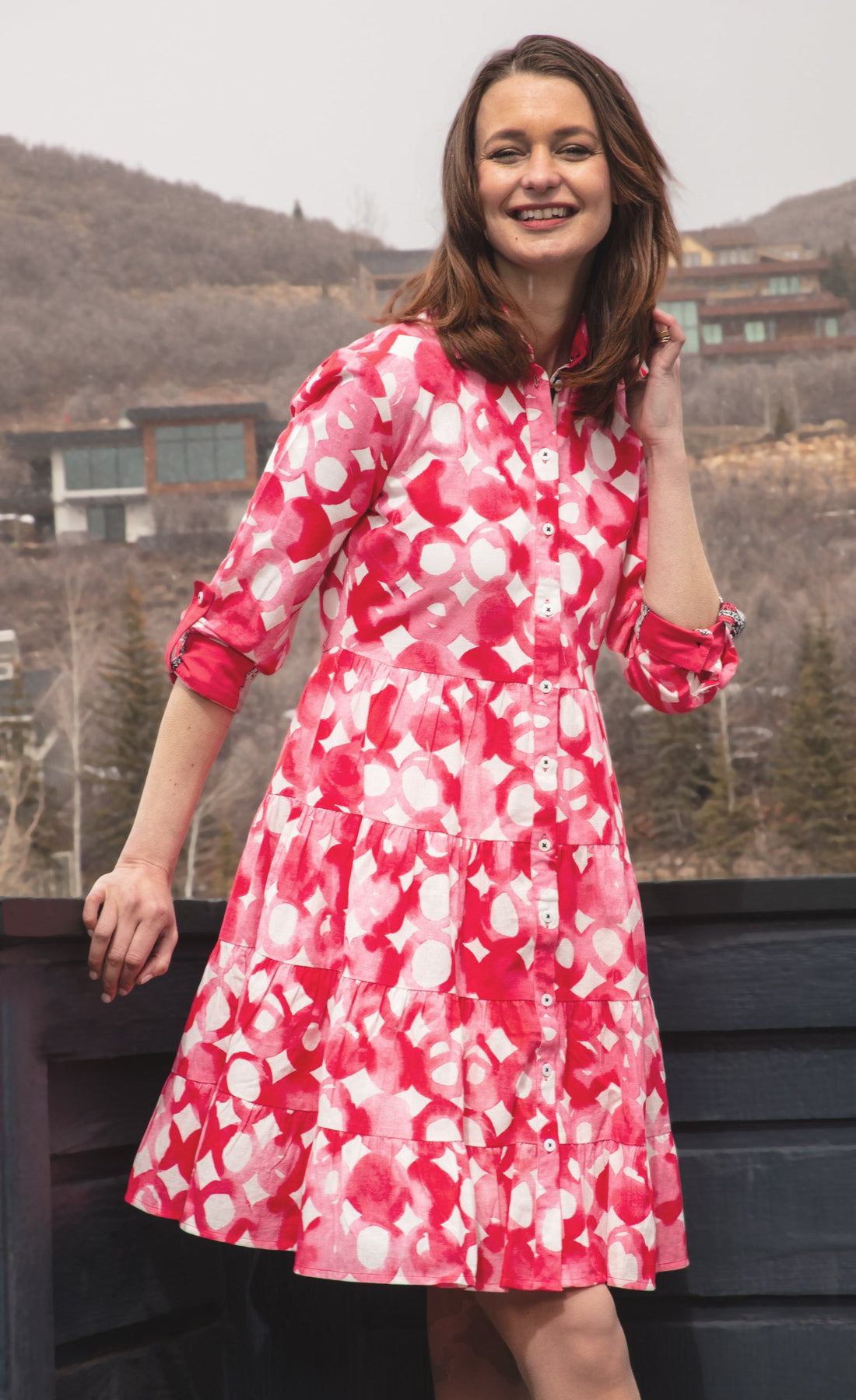 Pink watercolor print dress by Dizzy-Lizzie featuring a flowing design and vibrant floral patterns, perfect for casual or summer wear.