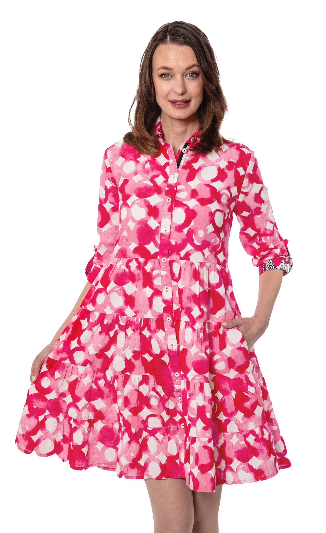 Pink watercolor print dress by Dizzy-Lizzie, flowing fabric, sleeveless design, perfect for spring and summer occasions.