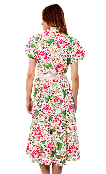 White floral Litchfield Dress by Dizzy-Lizzie, featuring a lightweight fabric and feminine design with floral pattern.