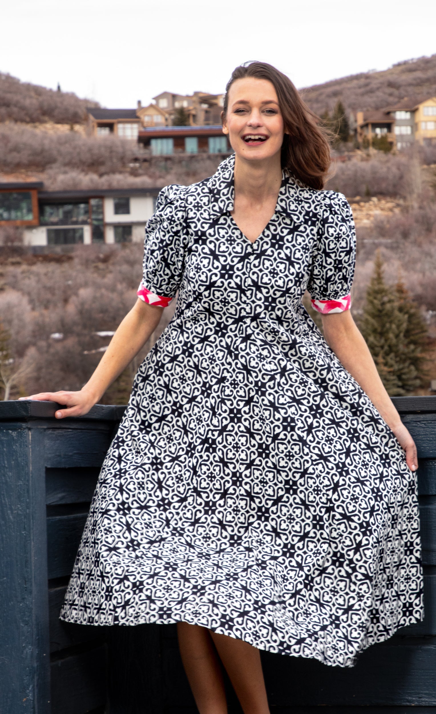 Dizzy-Lizzie Montauk Dress in black and white geometric pattern, stylish sleeveless dress with a flowing silhouette.