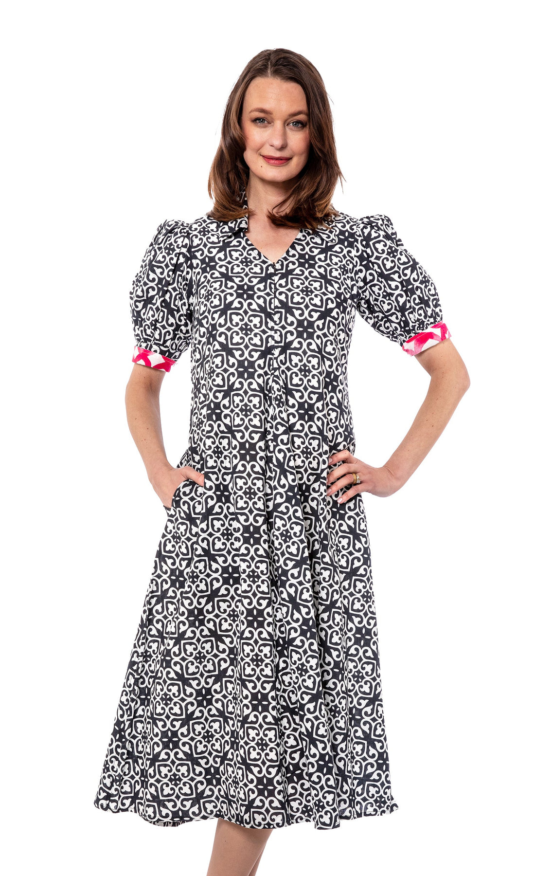 Black and white geometric Montauk dress by Dizzy-Lizzie, featuring a stylish and modern design with a fitted silhouette.