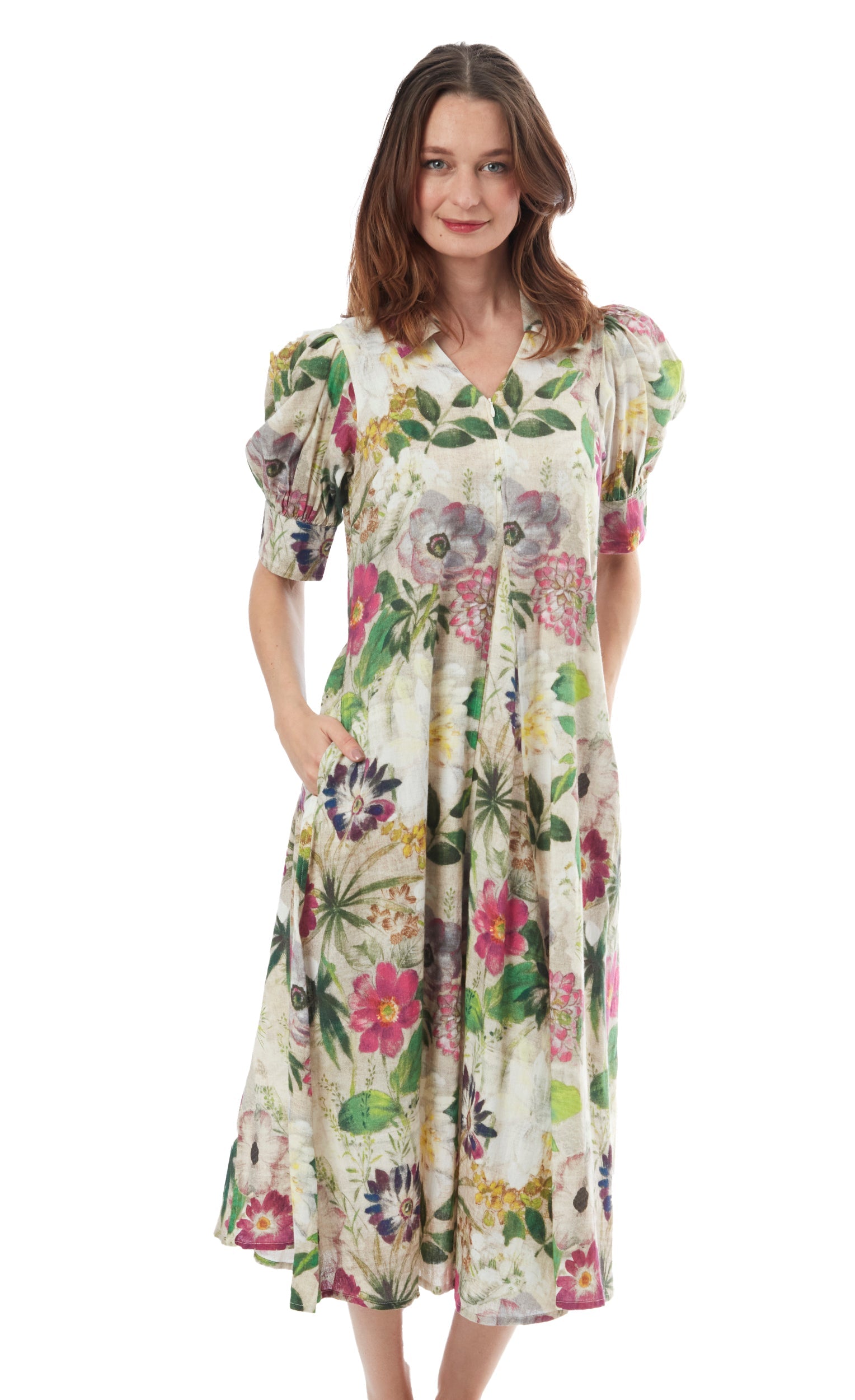 Dizzy-Lizzie Montauk Dress with botanical print, lightweight fabric, sleeveless design, and flowy silhouette.
