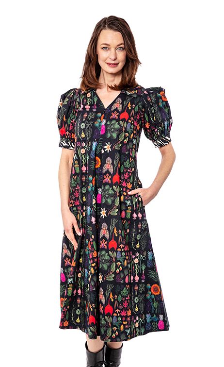 Dizzy-Lizzie Montauk Dress with vibrant botanical print, lightweight fabric, and sleeveless design for a casual summer look.