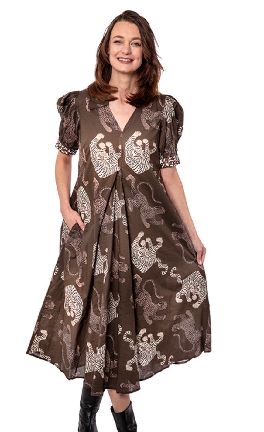 Dizzy-Lizzie Montauk Dress in chocolate ground fabric with playful cat print, casual and stylish women&