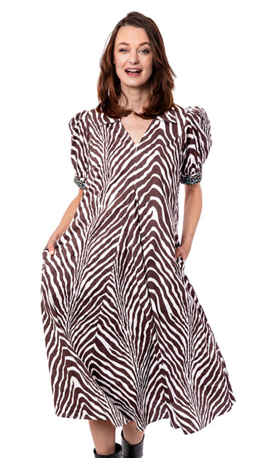 Dizzy-Lizzie Montauk dress in chocolate and ivory tiger stripe pattern, stylish sleeveless dress with a flowing silhouette.