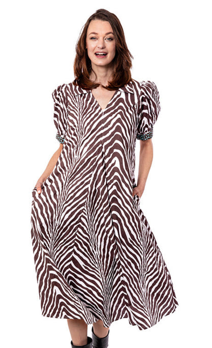 Dizzy-Lizzie Montauk dress in chocolate and ivory tiger stripe pattern, stylish sleeveless dress with a flowing silhouette.