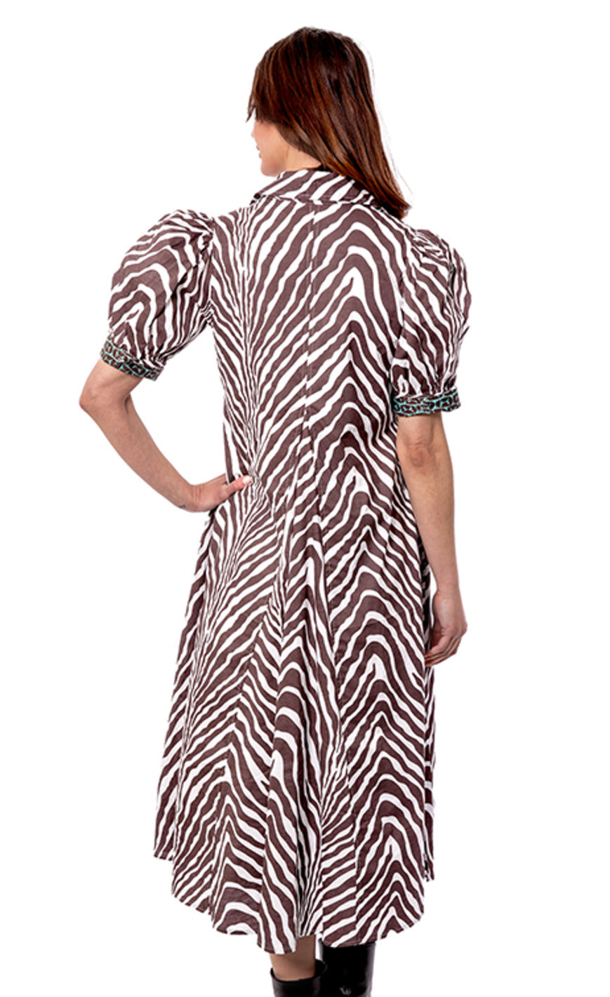 Dizzy-Lizzie Montauk Dress in chocolate and ivory tiger stripe pattern, stylish dress with bold animal print design.