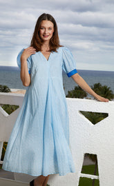 Light blue geo print Montauk Dress by Dizzy-Lizzie, sleeveless design with a relaxed fit, perfect for casual summer wear.