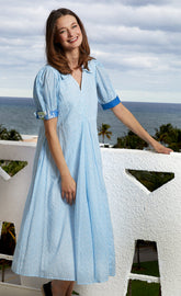 Light blue geo print Montauk Dress by Dizzy-Lizzie, sleeveless design with a flowing fit, perfect for casual summer wear.
