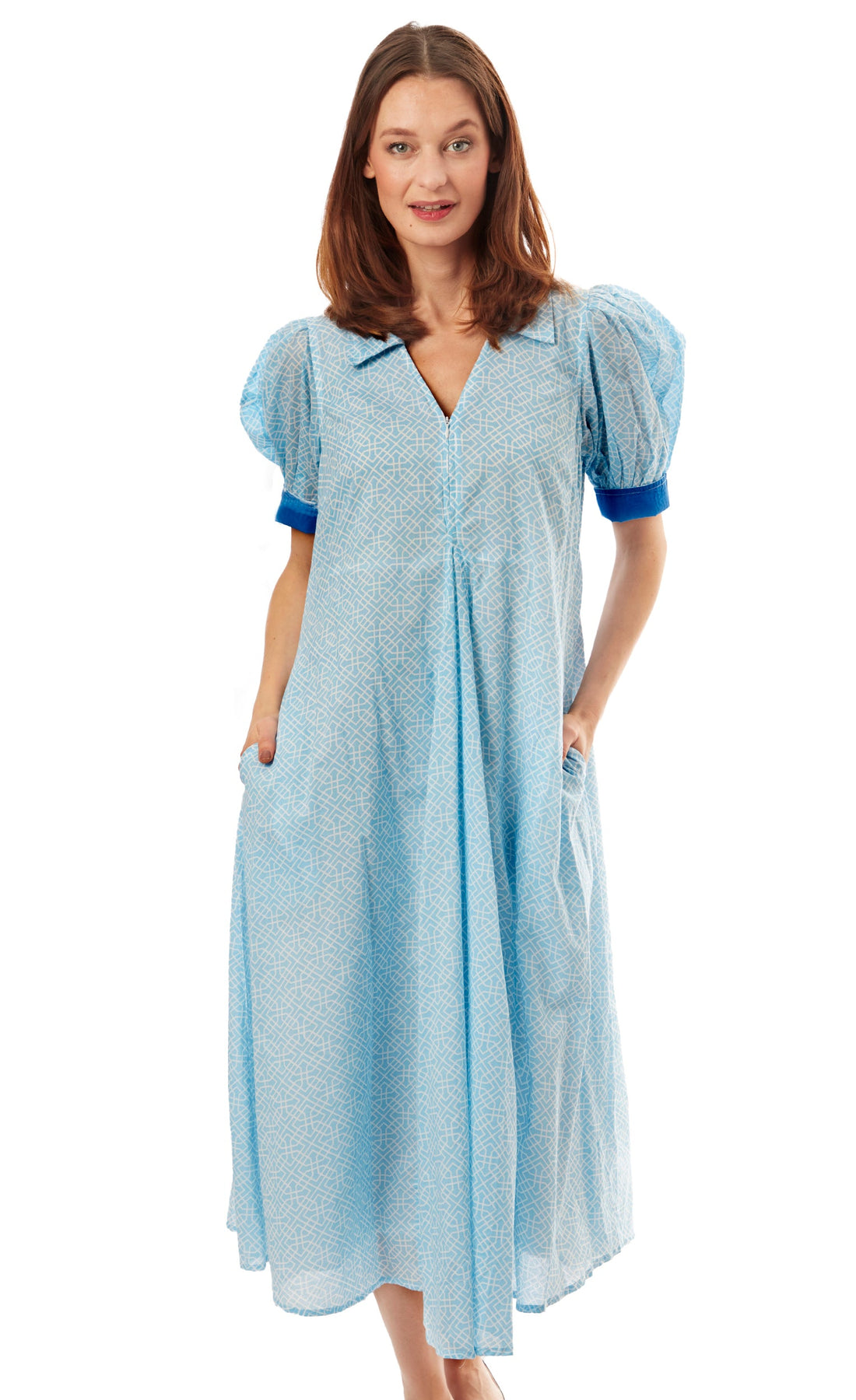 Light blue geo print Montauk dress by Dizzy-Lizzie, sleeveless summer dress with a relaxed fit and stylish design.