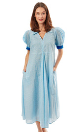 Light blue geo print Montauk dress by Dizzy-Lizzie, sleeveless summer dress with a relaxed fit and stylish design.