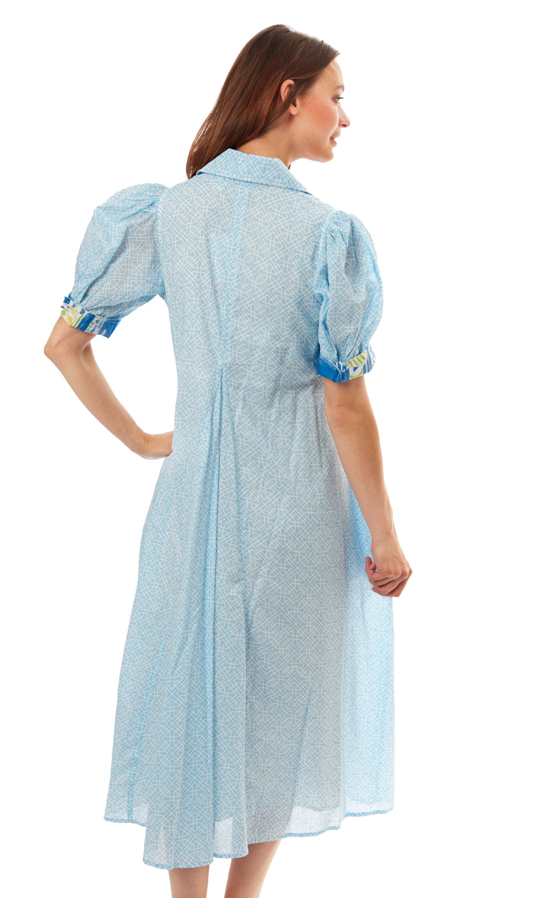 Light blue Montauk Dress by Dizzy-Lizzie featuring a stylish geo print, sleeveless design, and flowing fabric.