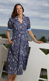 Dizzy-Lizzie Montauk Dress in navy with elephants and palm tree print, casual summer dress for women.