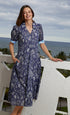 Dizzy-Lizzie Montauk Dress in navy with elephant and palm tree print, featuring a flowing, casual summer dress design.