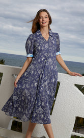 Dizzy-Lizzie Montauk Dress in navy with elephant and palm tree print, lightweight summer dress for women.