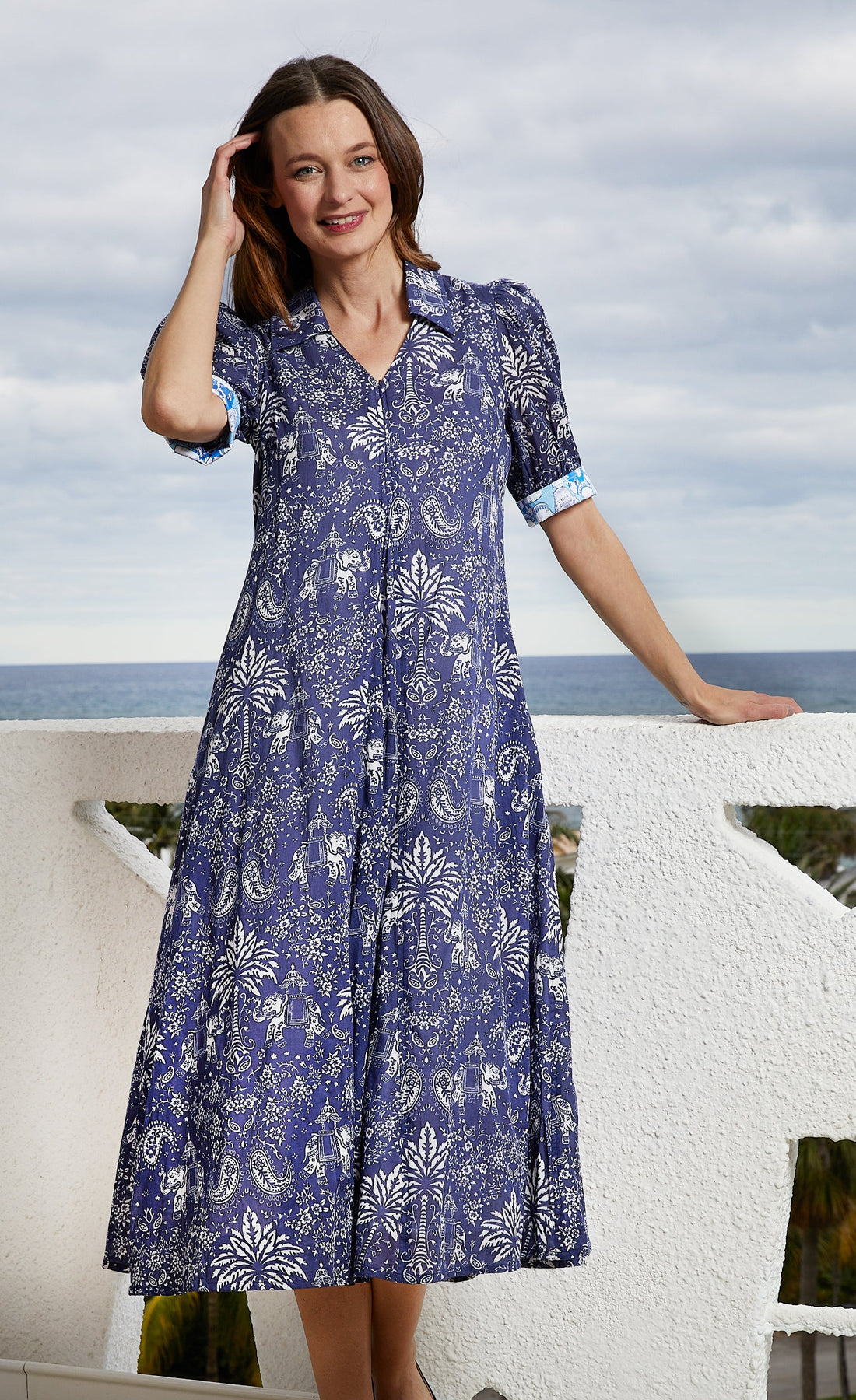 Dizzy-Lizzie Montauk Dress in navy with elephant and palm tree print, lightweight summer dress for women.