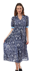 Dizzy-Lizzie Montauk Dress in navy with elephant and palm tree print, lightweight casual dress for women.